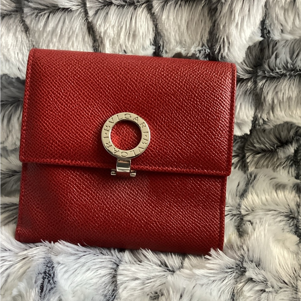 BVLGARI Red EUC Leather Compact Flap Wallet